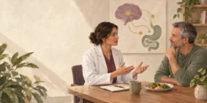 Original editorial illustration: A clinician discusses appetite and digestion with a man beside an abstract wall illustration.