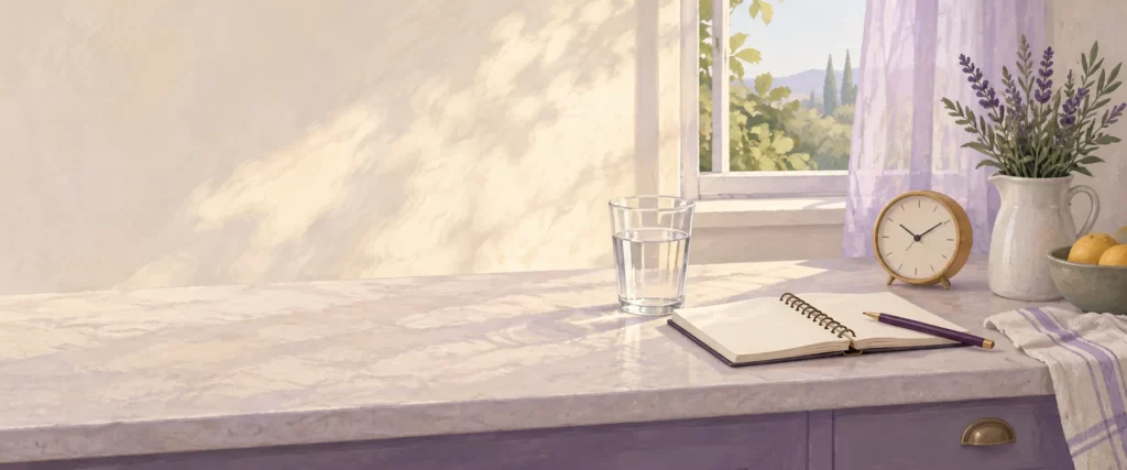 Editorial illustration of a water glass, blank notebook, and clock on a kitchen counter.