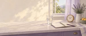 Editorial illustration of a water glass, blank notebook, and clock on a kitchen counter.