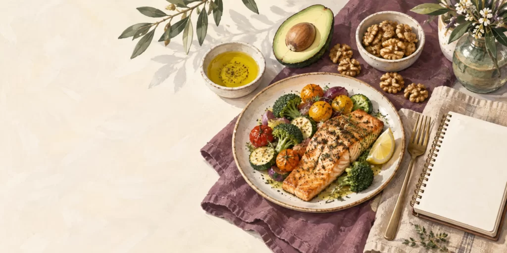 Original editorial illustration: An overhead view of fish, vegetables, nuts, avocado, and olive oil.