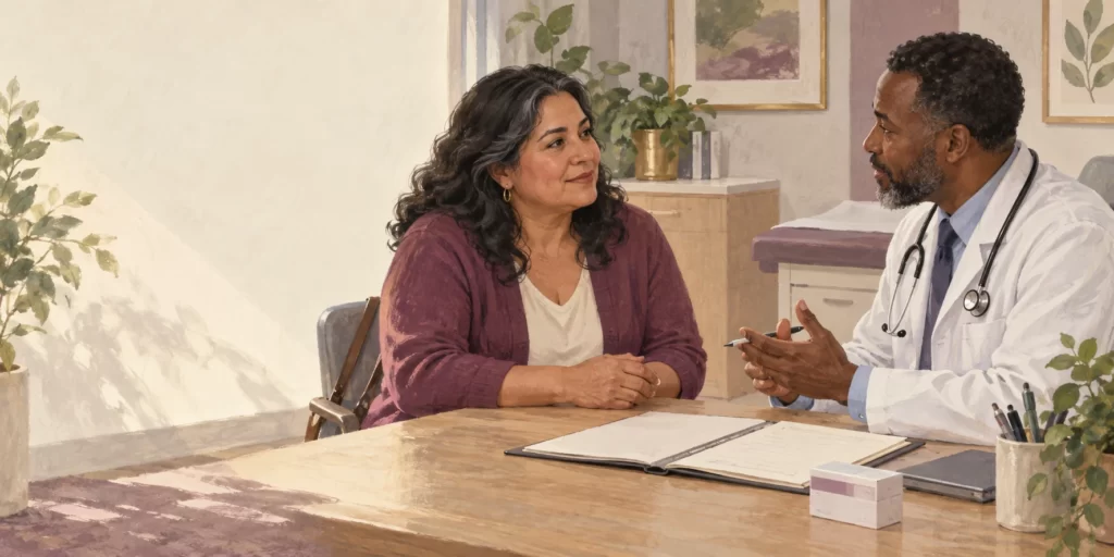 Editorial illustration of a woman discussing treatment options with a clinician.