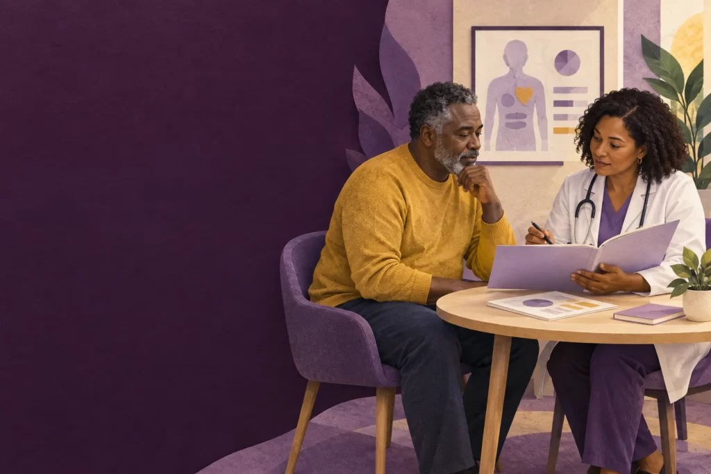 A clinician and patient discuss health history and treatment eligibility.