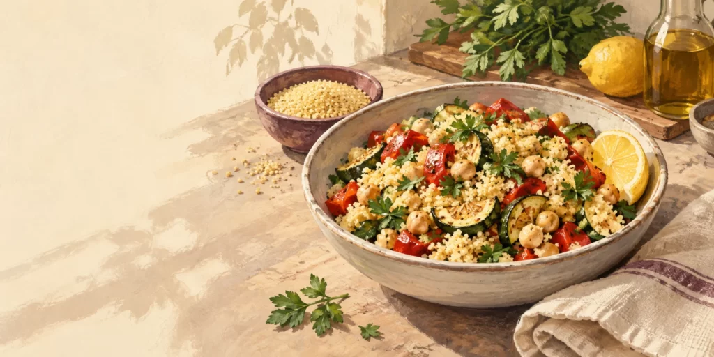 Original editorial illustration: A bowl of couscous, chickpeas, and vegetables beside dry couscous granules.