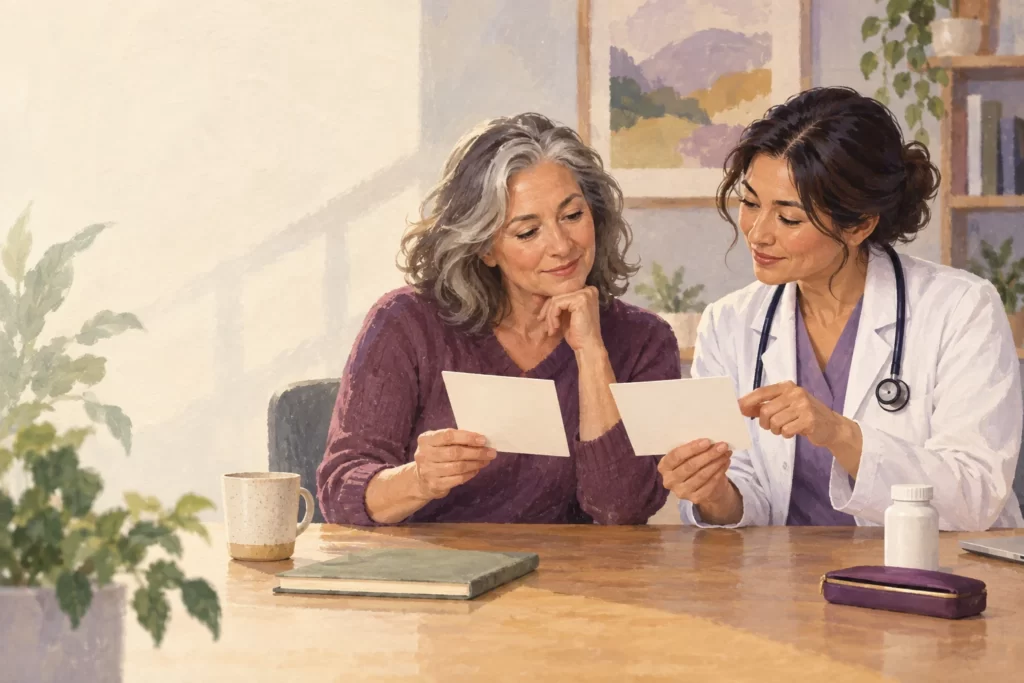 Editorial illustration of a patient and clinician comparing two medicine information cards.