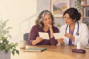Editorial illustration of a patient and clinician comparing two medicine information cards.