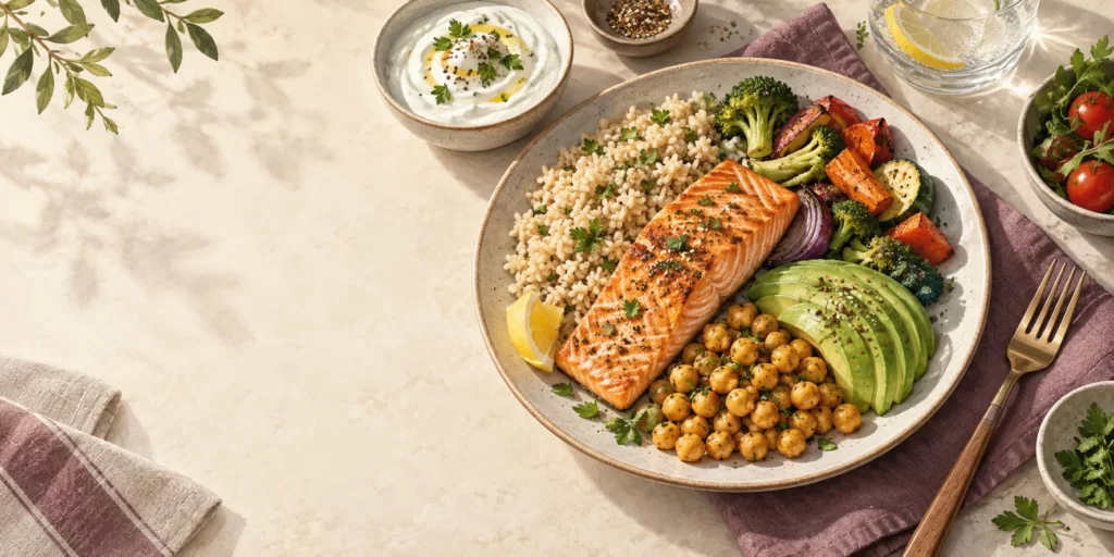 Original editorial illustration: A varied meal with salmon, rice, chickpeas, vegetables, and avocado.