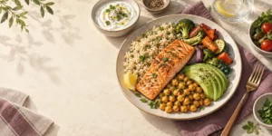 Original editorial illustration: A varied meal with salmon, rice, chickpeas, vegetables, and avocado.