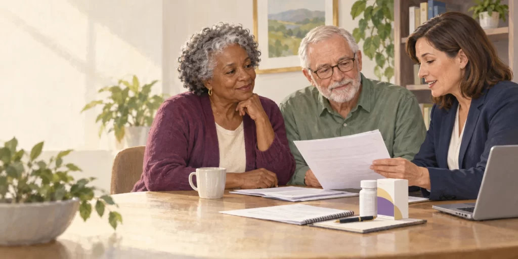 Original editorial illustration: Two older adults discuss coverage questions with an insurance adviser.