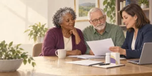 Original editorial illustration: Two older adults discuss coverage questions with an insurance adviser.