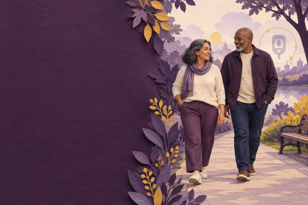 Two adults walk together along a park path.