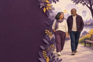 Two adults walk together along a park path.