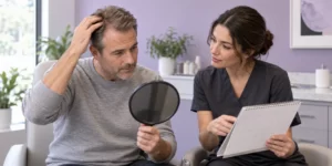 Original AI-generated editorial image: A man and dermatologist review a mirror and calendar in a lilac clinic.