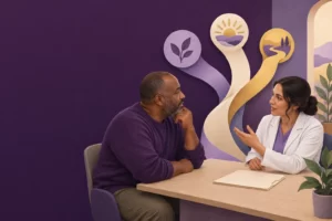 A clinician and patient discuss different treatment options.