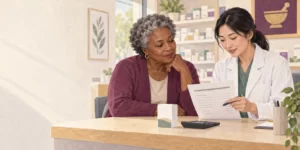 Editorial illustration of a woman and pharmacist reviewing medication costs.
