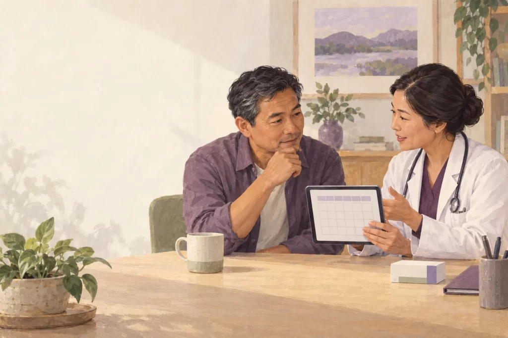 Editorial illustration of a man and clinician reviewing a blank calendar on a tablet.
