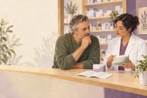 Editorial illustration of a pharmacist and patient reviewing medication packaging and instructions.