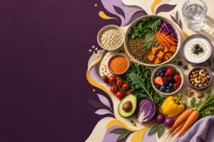 A variety of fiber-rich foods, protein foods, and water.