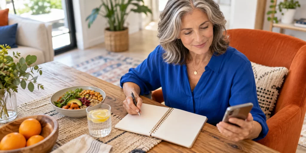 Original AI-generated editorial image: A woman in a cobalt blouse uses a smartphone and notebook beside a meal and orange chair.