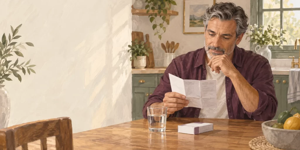 Original editorial illustration: A man reviews a medicine leaflet beside water and a plain medicine box.