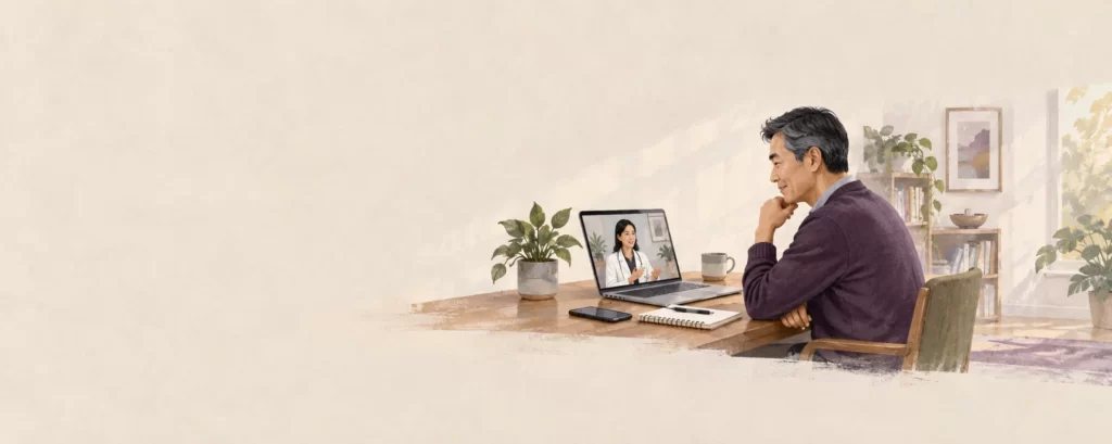 Editorial illustration of a man having a video consultation at a home desk.