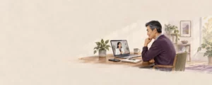Editorial illustration of a man having a video consultation at a home desk.