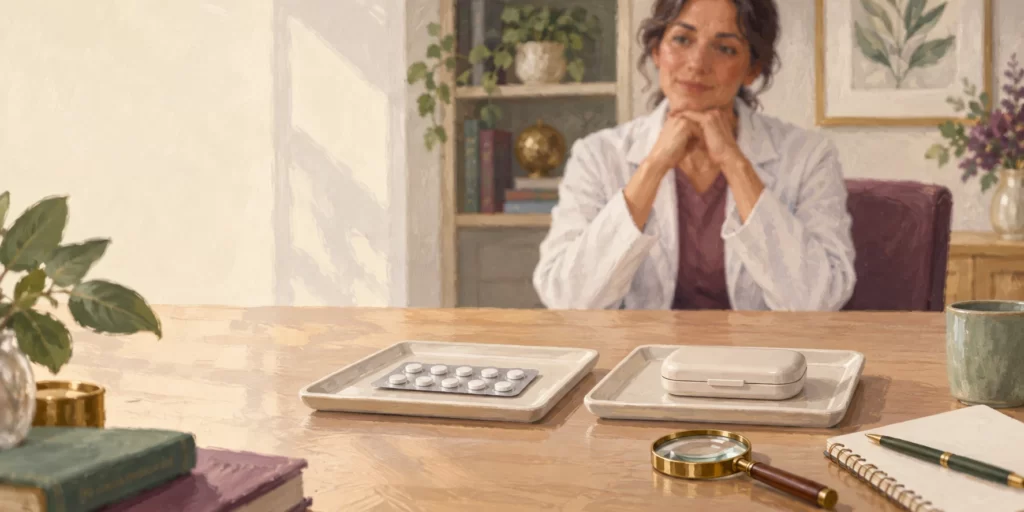 Original editorial illustration: A clinician sits behind a table with a generic blister pack and a separate closed medicine case.