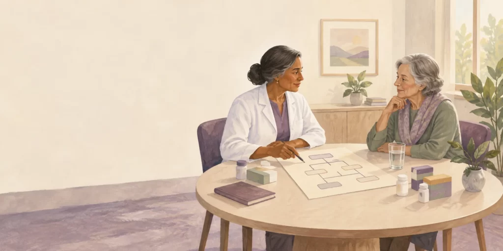 Editorial illustration of a patient and clinician discussing a blank decision diagram beside generic medicine packages.