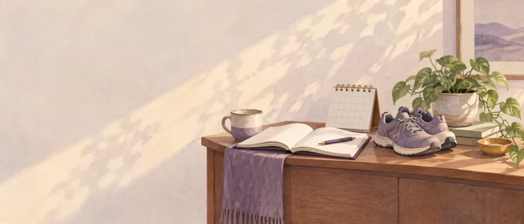 Editorial illustration of a research journal, walking shoes, and blank calendar in a sunlit room.