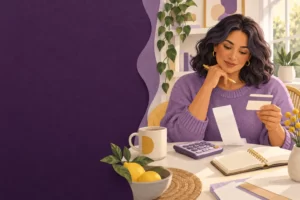 A woman compares pharmacy and insurance information while planning a medication budget.