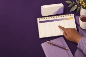 A calendar and notebook illustrate a discussion about medication scheduling.