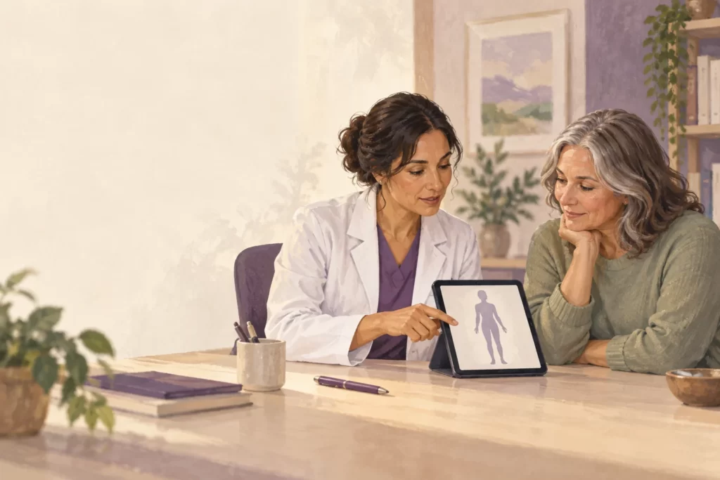Editorial illustration of a clinician explaining a generic body outline to a patient.