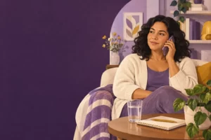 A woman keeps a symptom notebook beside a glass of water.