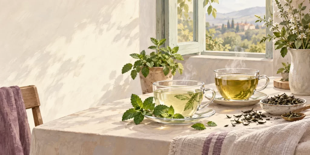 Original editorial illustration: Two cups of brewed tea beside peppermint leaves and loose tea leaves.