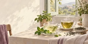 Original editorial illustration: Two cups of brewed tea beside peppermint leaves and loose tea leaves.