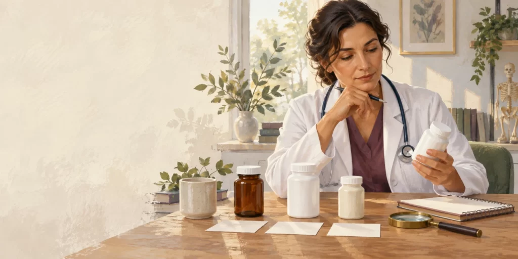 Original editorial illustration: A clinician considers several separate generic medicine containers beside a notebook and magnifying glass.