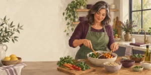 Original editorial illustration: A woman prepares a varied meal in a home kitchen, with a closed medicine container on a separate counter.