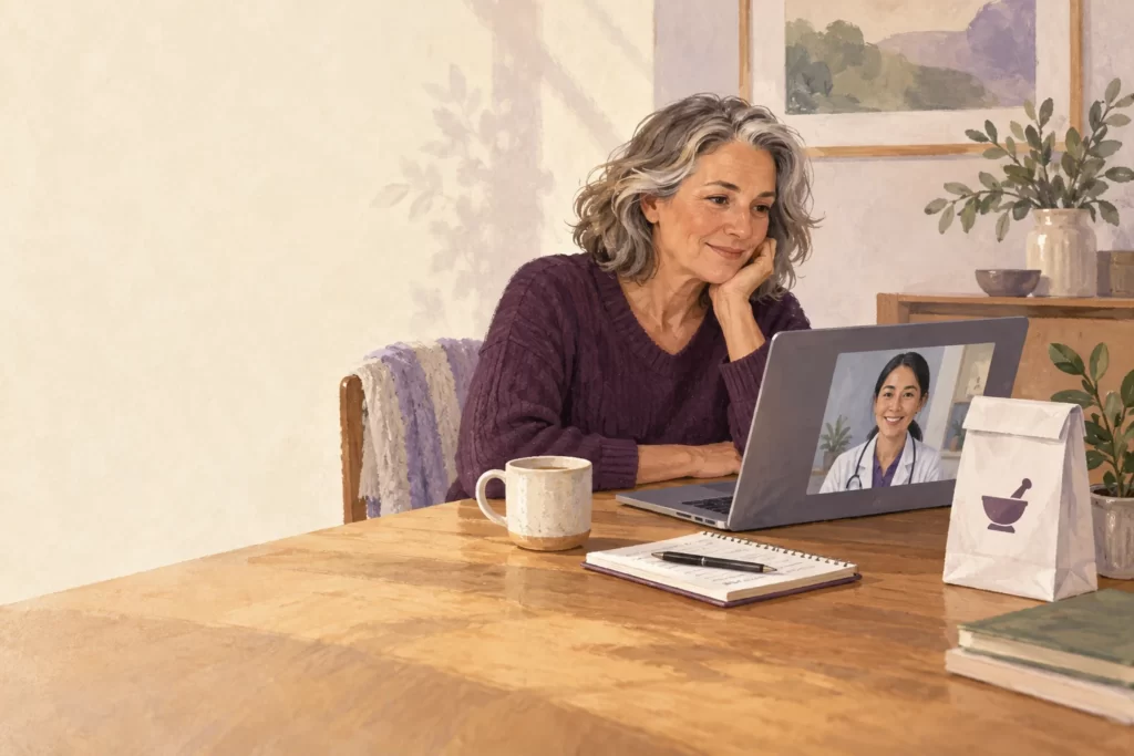 Editorial illustration of an adult having a video consultation beside a pharmacy bag and notebook.
