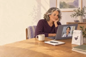Editorial illustration of an adult having a video consultation beside a pharmacy bag and notebook.