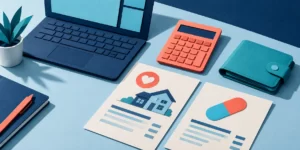 Original AI-generated editorial image: Navy, cyan, and coral paper collage of a laptop, calculator, wallet, and separate care and medicine papers.