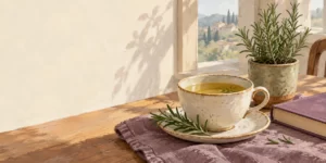 Original editorial illustration: A cup of rosemary tea beside culinary rosemary leaves and a small plant.