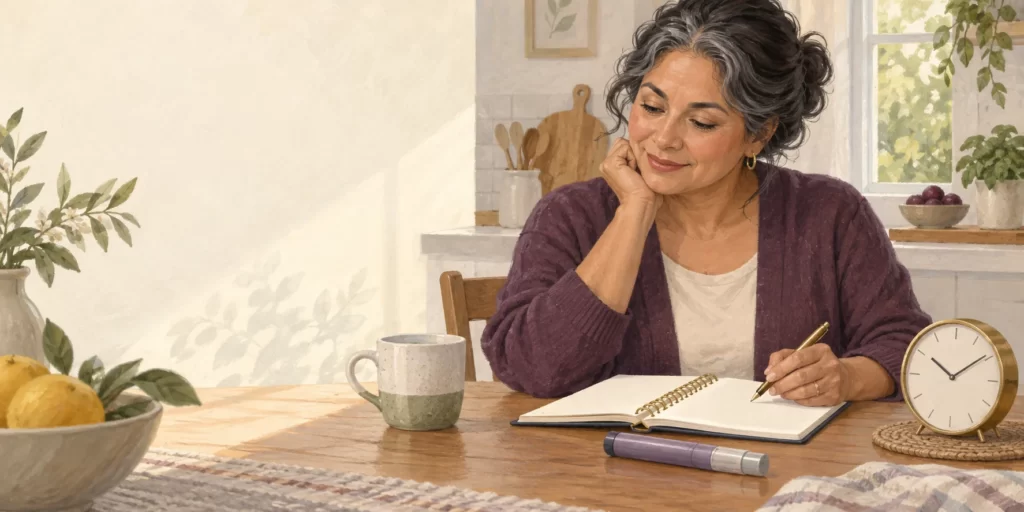 Original editorial illustration: A woman reviews a planner beside a capped generic injection pen and clock.