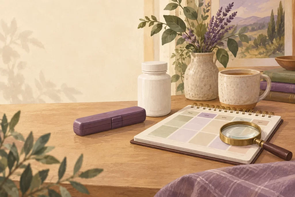Editorial illustration of generic medicine containers beside a planner and magnifying glass.