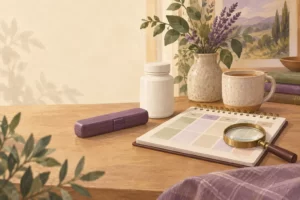 Editorial illustration of generic medicine containers beside a planner and magnifying glass.