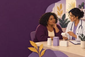 A patient and clinician compare different medication presentations.