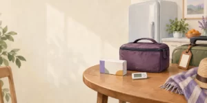 Editorial illustration of an insulated medication pouch, generic carton, and refrigerator temperature logger near a refrigerator.