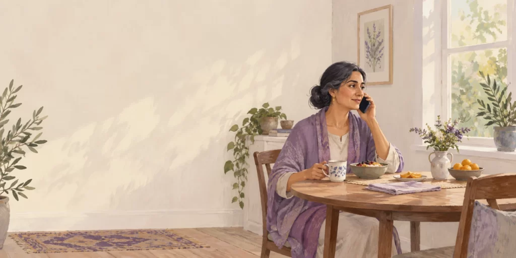 Editorial illustration of a woman at a breakfast table discussing a health question by phone.