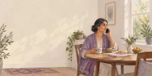 Editorial illustration of a woman at a breakfast table discussing a health question by phone.
