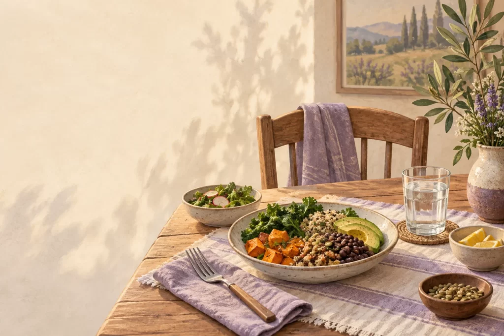 Editorial illustration of a glass of water alongside a varied meal at a dining table.
