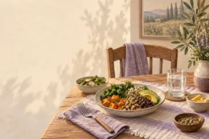 Editorial illustration of a glass of water alongside a varied meal at a dining table.