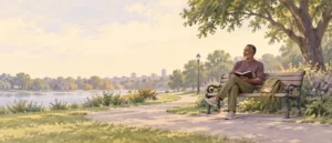 Editorial illustration of a man holding a health journal on a park bench.